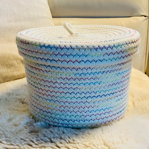 Home Decor Other - HANDWOVEN COTTON CORD STORAGE BIN with LID | Cream & Multi-Colour
